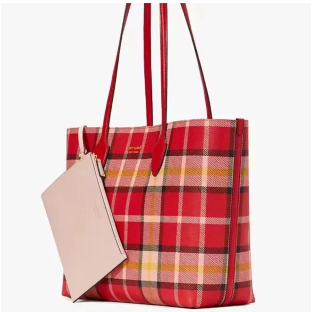 BRAND NEW KATE SPADE BLEECKER MUSEUM PLAID PRINTED LARGE TOTE WITH WRISTLET - Picture 2 of 4